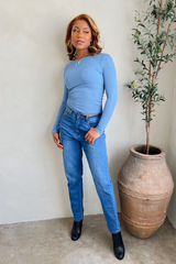 Ribbed Round Neck Long Sleeve Top - Blue