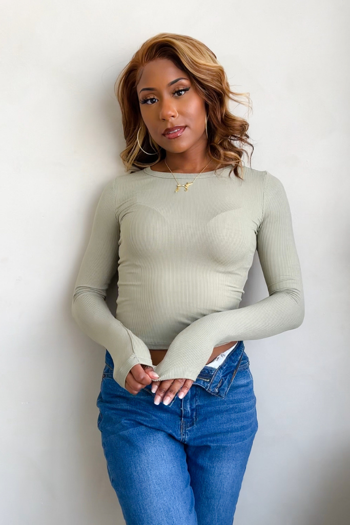 Ribbed Round Neck Long Sleeve Top - Sage