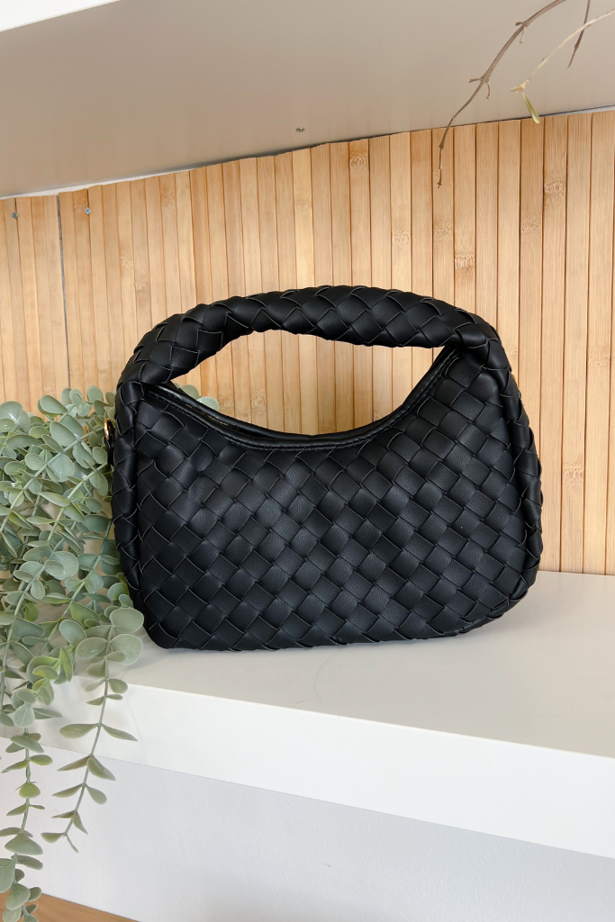 Faux Leather Braided Handbag - Black